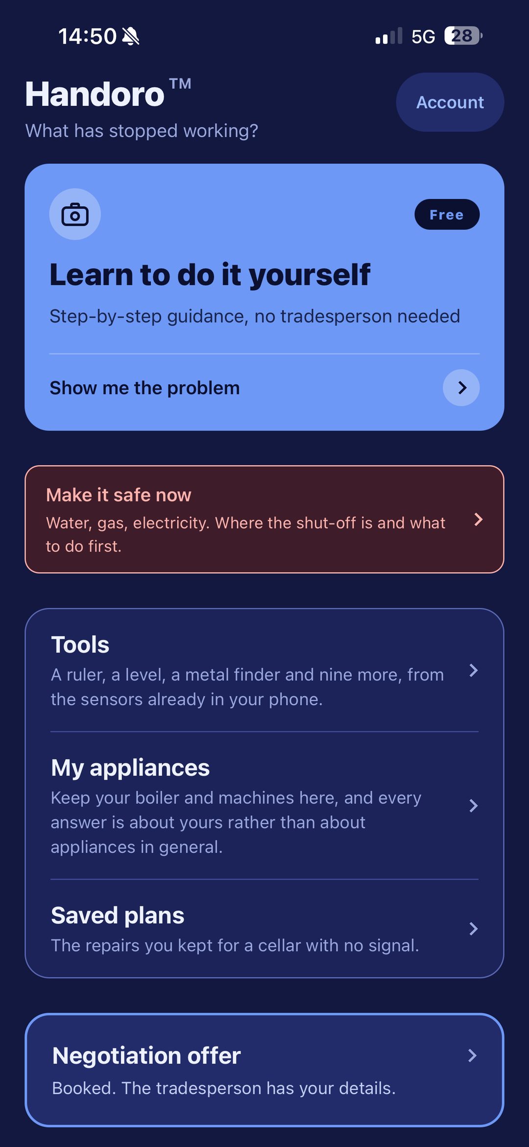 The Handoro home screen