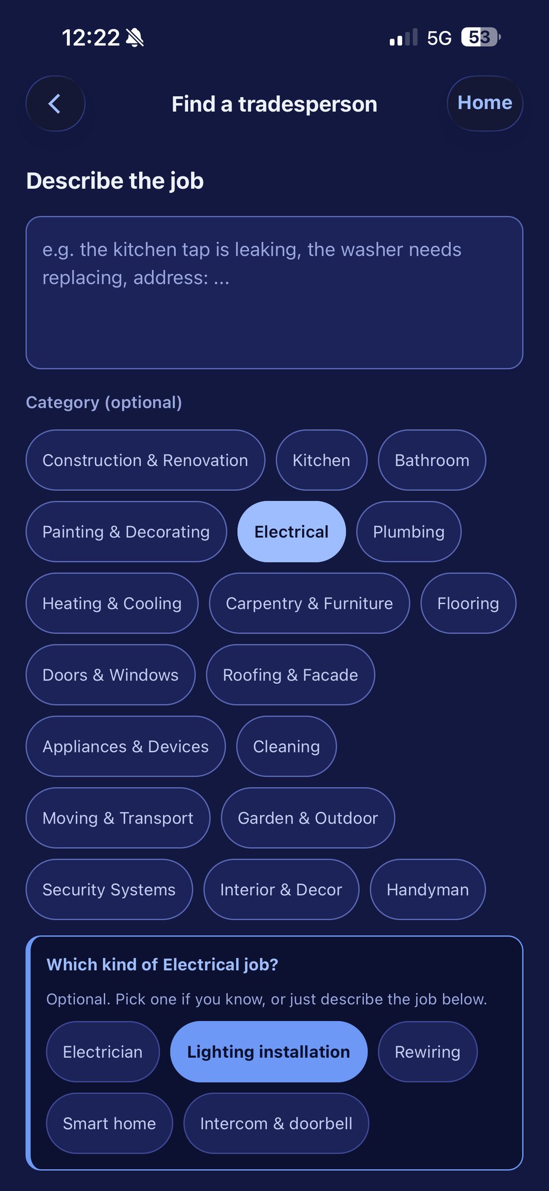 Describing the job and picking a category