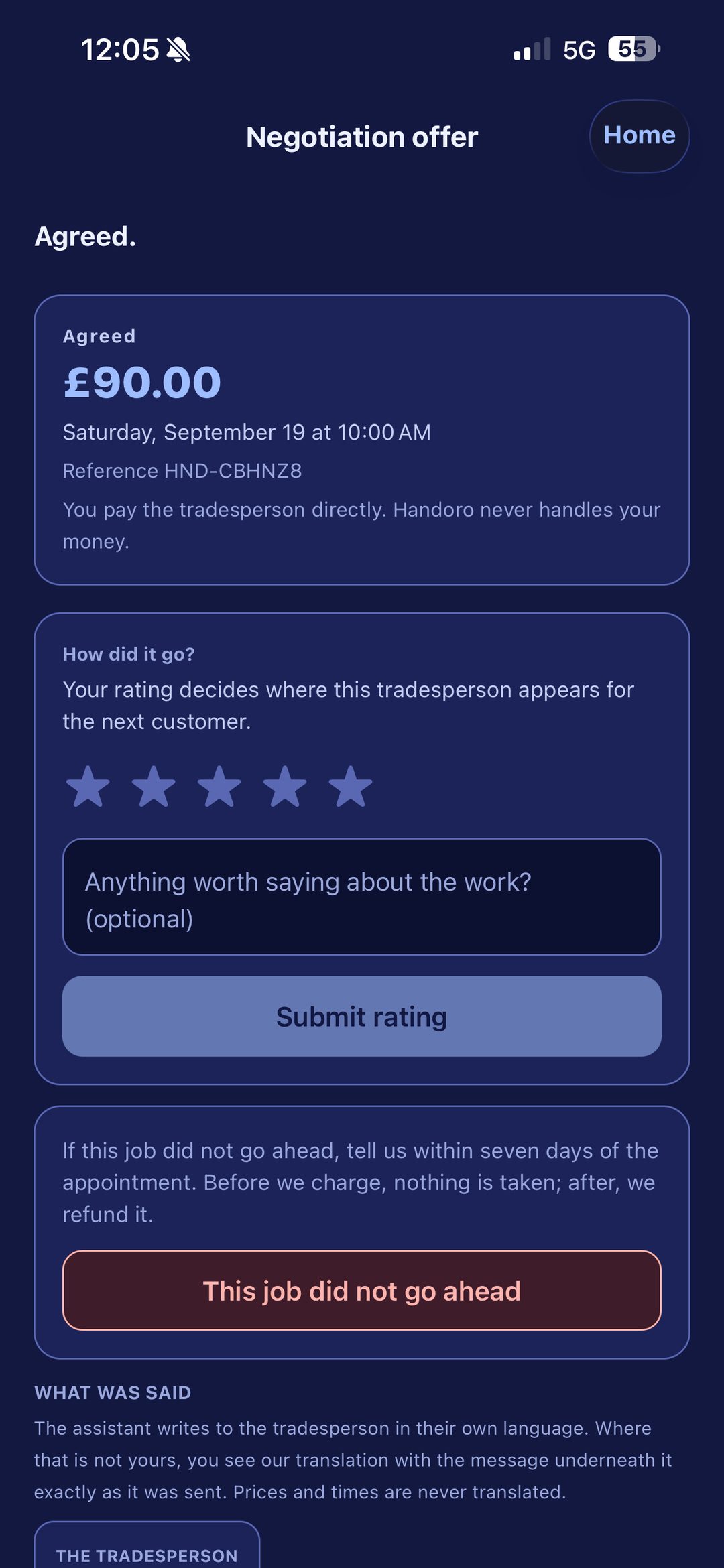 An agreed price and appointment time