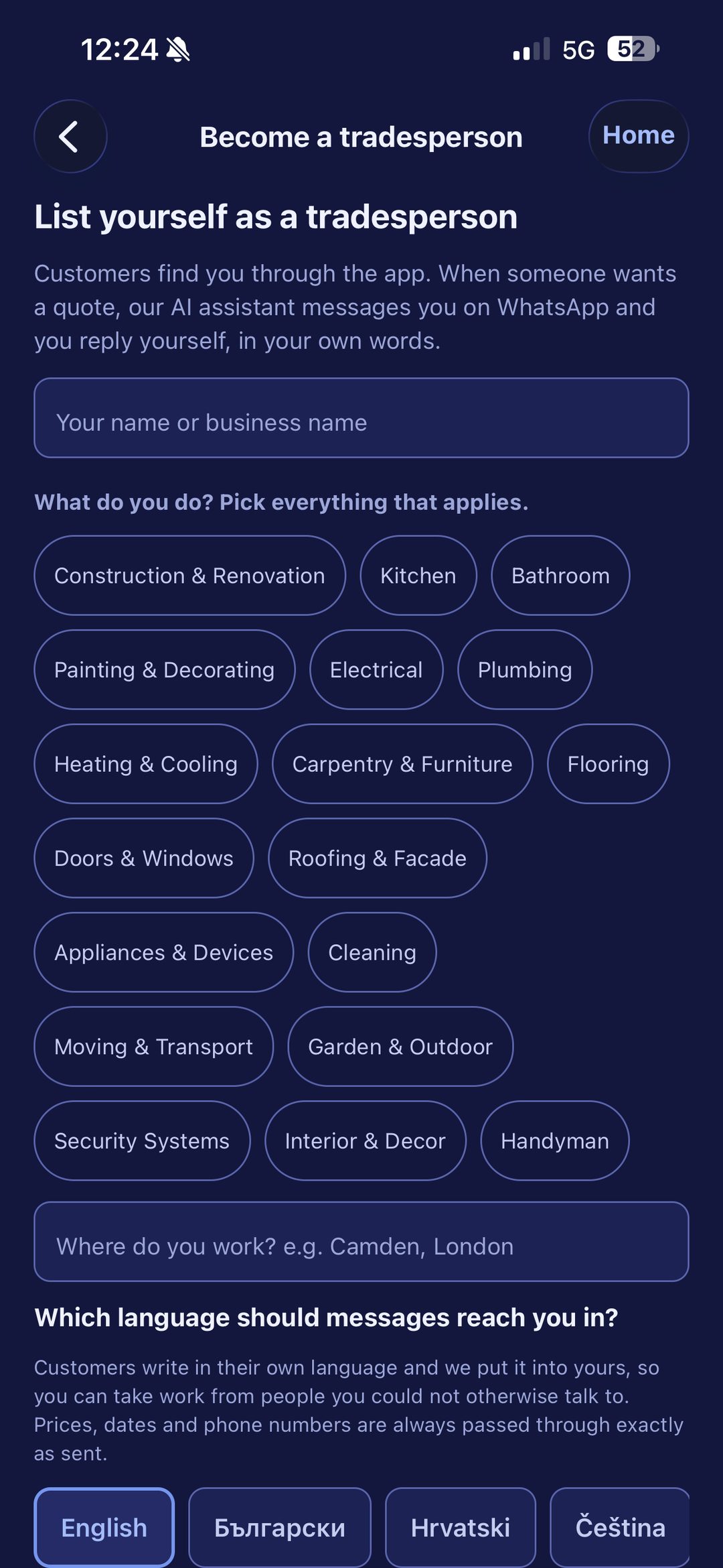 Listing yourself as a tradesperson